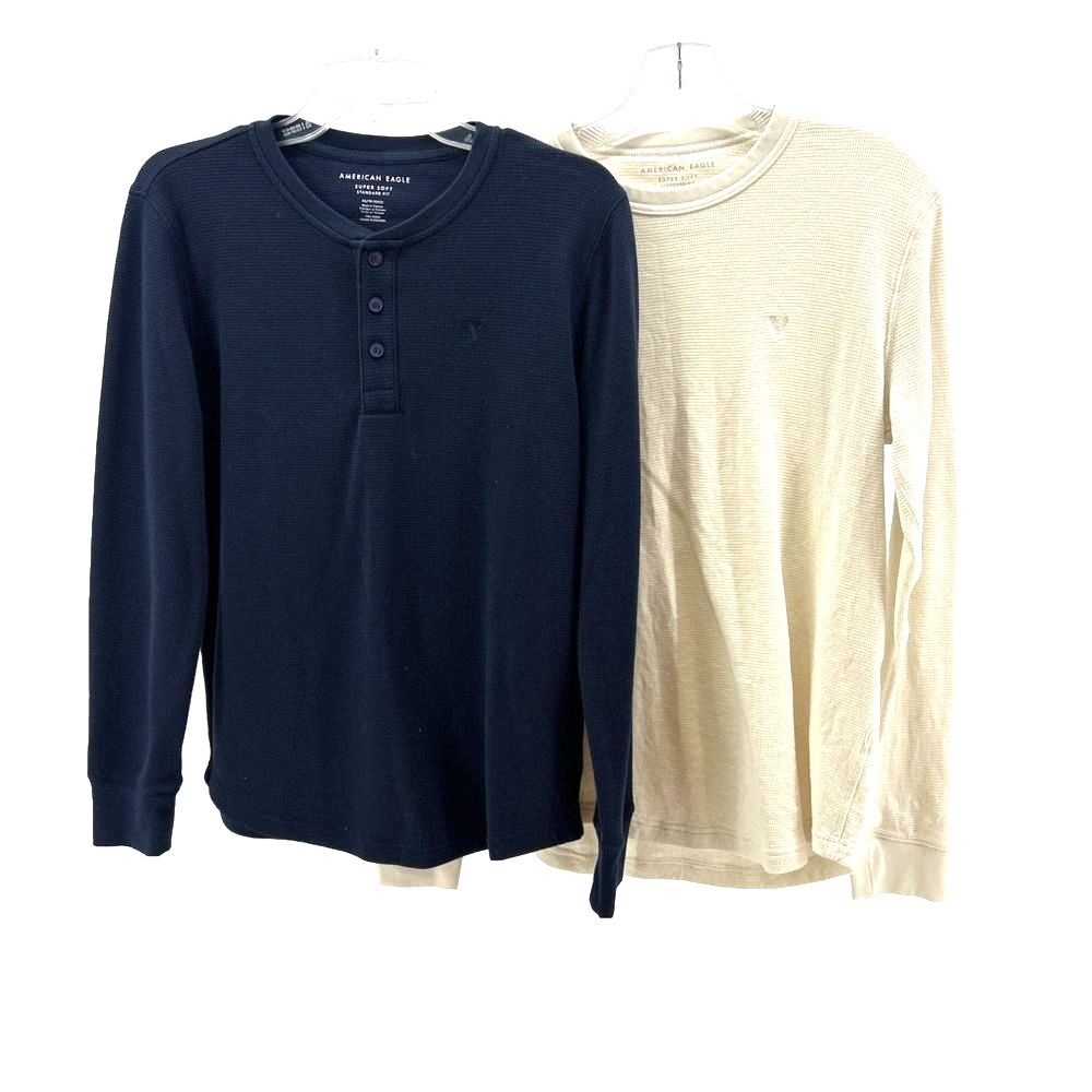 American Eagle Super Soft Henley Shirts - Blue & Cream